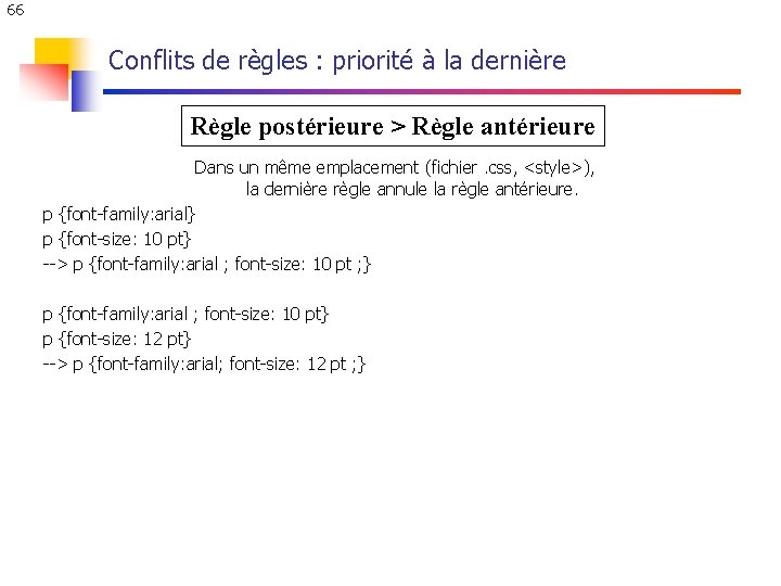 66 Conflits de règles : priorité à la dernière Règle postérieure > Règle antérieure 66 Conflits de règles : priorité à la dernière Règle postérieure > Règle antérieure