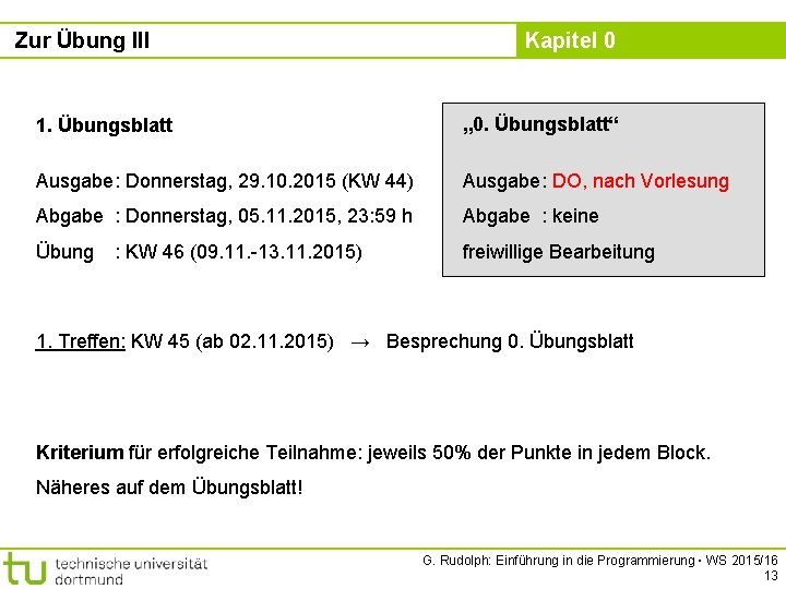 Zur Übung III Kapitel 0 1. Übungsblatt „ 0. Übungsblatt“ Ausgabe: Donnerstag, 29. 10.