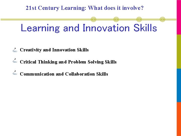 21 st Century Learning: What does it involve? Learning and Innovation Skills Creativity and
