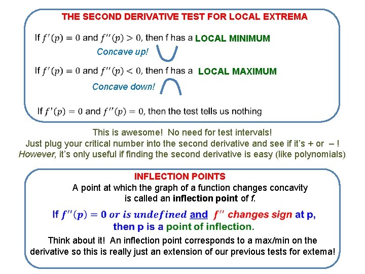 THE SECOND DERIVATIVE TEST FOR LOCAL EXTREMA LOCAL MINIMUM Concave up! LOCAL MAXIMUM Concave