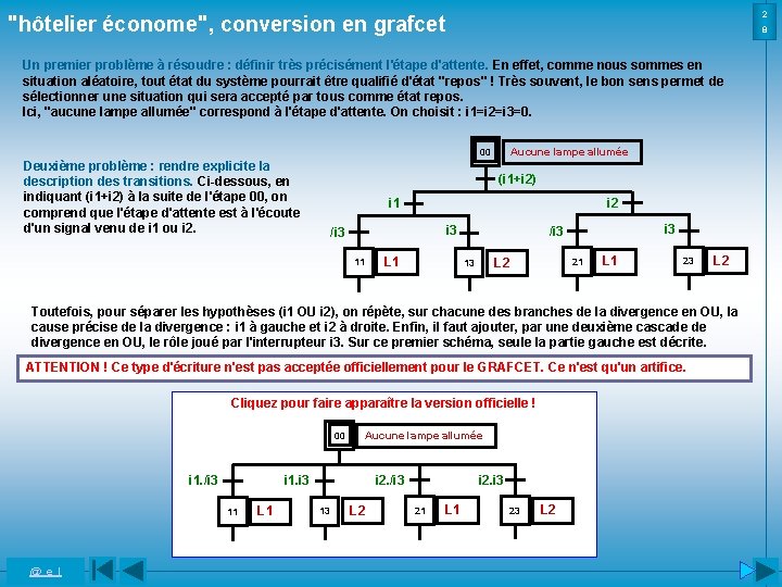 2 "hôtelier économe", conversion en grafcet 8 Un premier problème à résoudre : définir