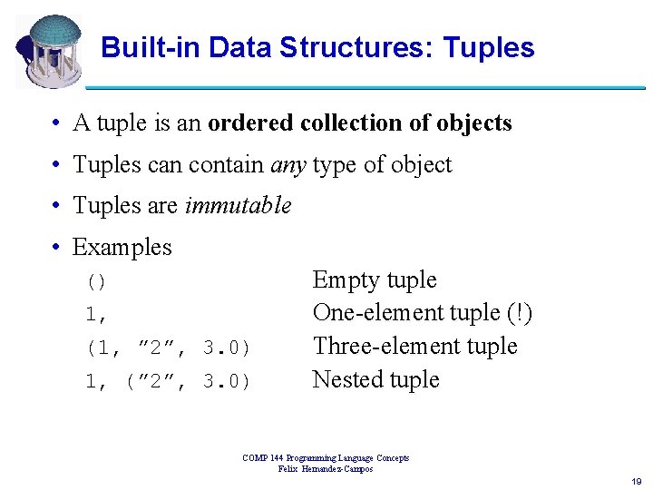 Built-in Data Structures: Tuples • A tuple is an ordered collection of objects •