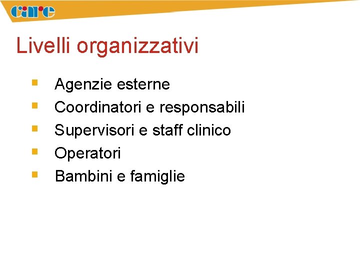 Livelli organizzativi § § § Agenzie esterne Coordinatori e responsabili Supervisori e staff clinico