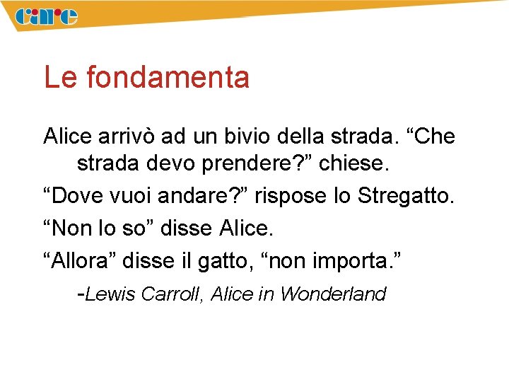 Le fondamenta Alice arrivò ad un bivio della strada. “Che strada devo prendere? ”