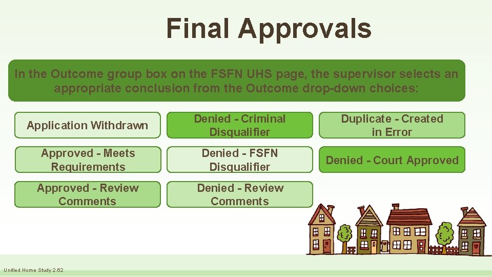 Final Approvals In the Outcome group box on the FSFN UHS page, the supervisor