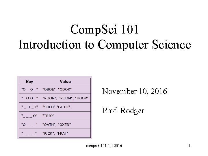 Comp. Sci 101 Introduction to Computer Science November 10, 2016 Prof. Rodger compsci 101