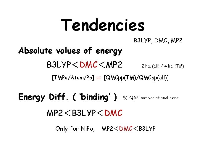 Tendencies B 3 LYP, DMC, MP 2 Absolute values of energy B 3 LYP＜DMC＜MP