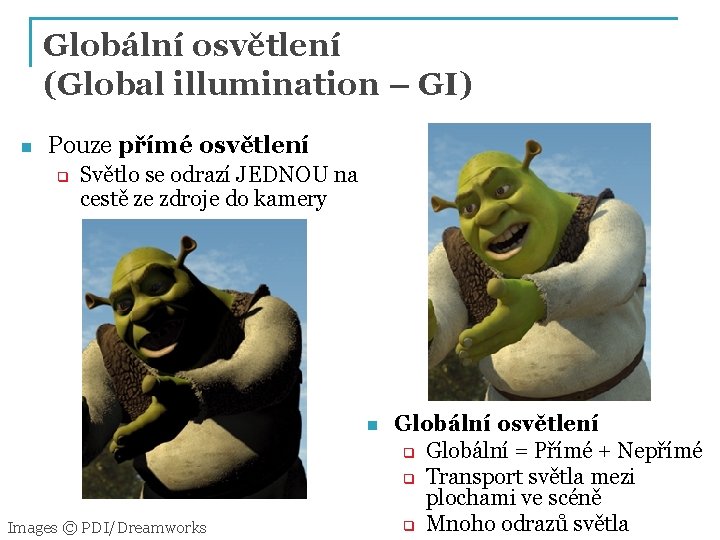 Globální osvětlení (Global illumination – GI) n Pouze přímé osvětlení q Světlo se odrazí