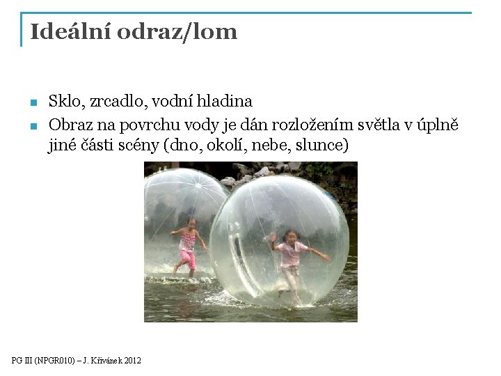 Ideální odraz/lom n n Sklo, zrcadlo, vodní hladina Obraz na povrchu vody je dán