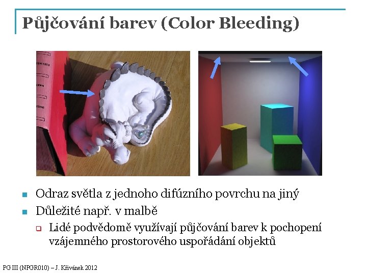 Půjčování barev (Color Bleeding) n n Odraz světla z jednoho difúzního povrchu na jiný