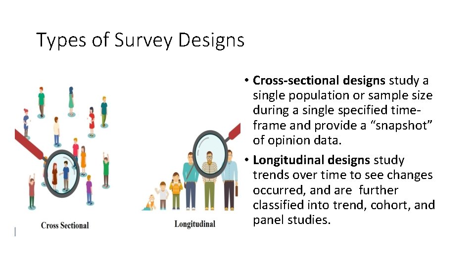 Types of Survey Designs • Cross-sectional designs study a single population or sample size