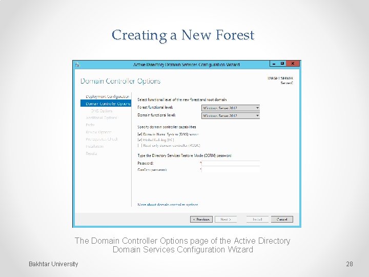 Creating a New Forest The Domain Controller Options page of the Active Directory Domain