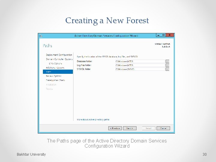 Creating a New Forest The Paths page of the Active Directory Domain Services Configuration