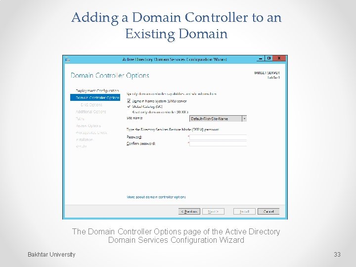 Adding a Domain Controller to an Existing Domain The Domain Controller Options page of