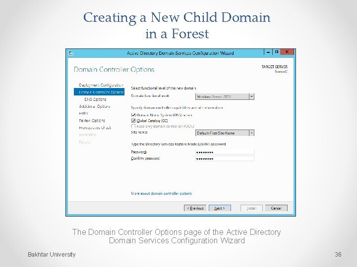 Creating a New Child Domain in a Forest The Domain Controller Options page of