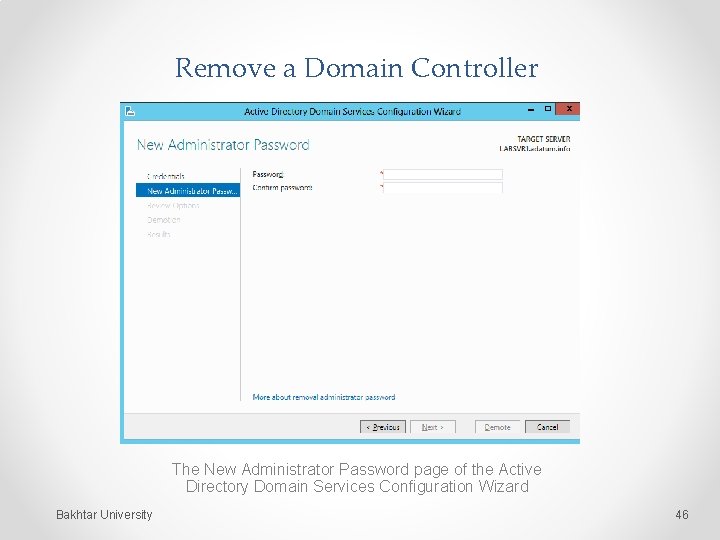 Remove a Domain Controller The New Administrator Password page of the Active Directory Domain