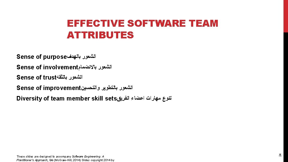 EFFECTIVE SOFTWARE TEAM ATTRIBUTES Sense of purpose ﺍﻟﺸﻌﻮﺭ ﺑﺎﻟﻬﺪﻑ Sense of involvement ﺍﻟﺸﻌﻮﺭ ﺑﺎﻻﻧﻀﻤﺎﻡ