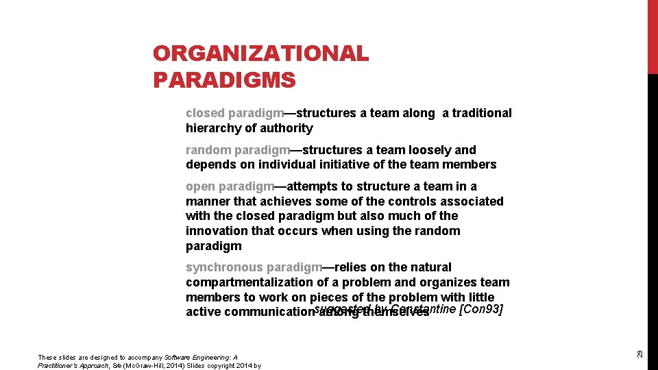 ORGANIZATIONAL PARADIGMS closed paradigm—structures a team along a traditional hierarchy of authority random paradigm—structures