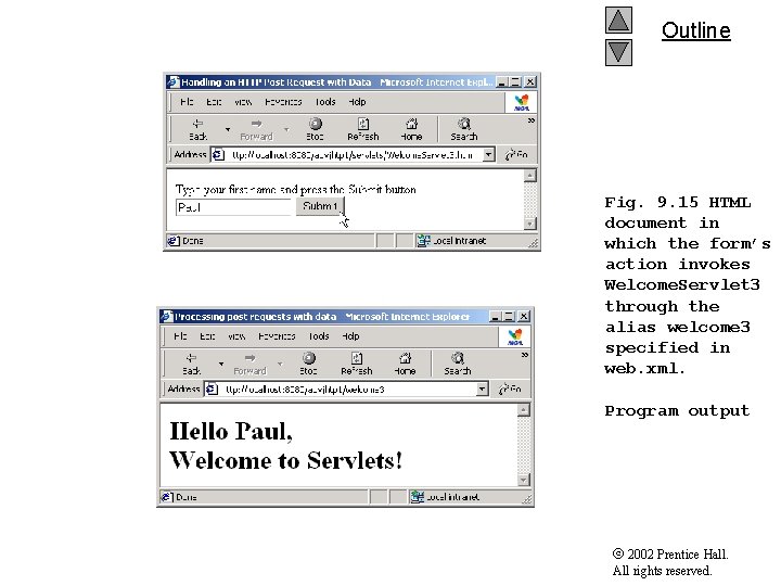 Outline Fig. 9. 15 HTML document in which the form’s action invokes Welcome. Servlet