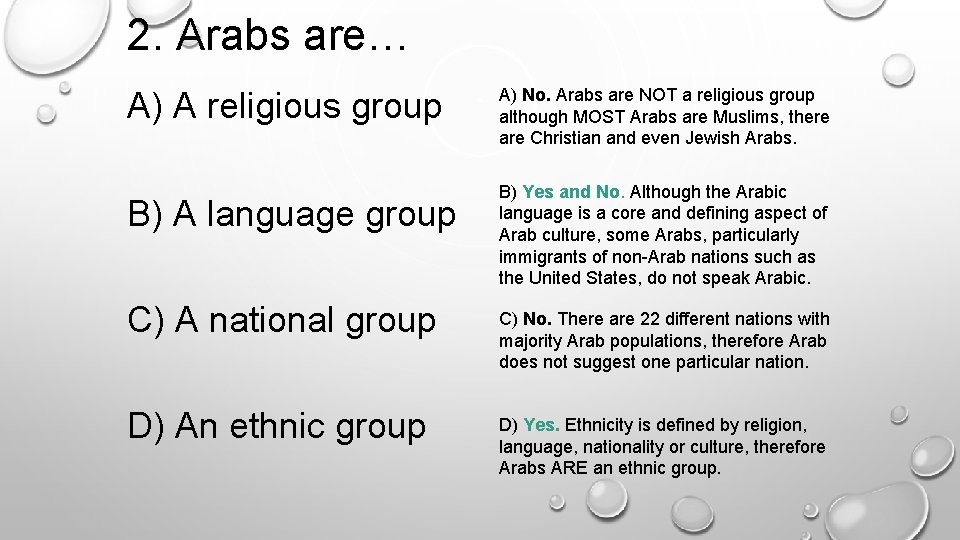 2. Arabs are… A) A religious group B) A language group C) A national