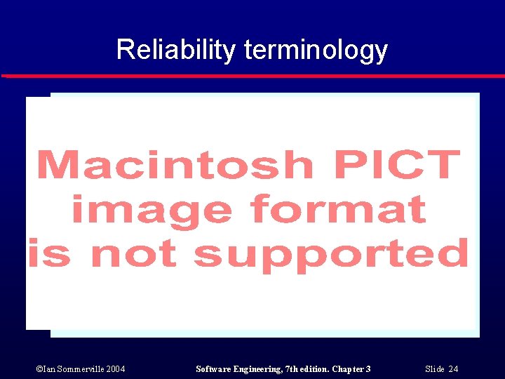 Reliability terminology ©Ian Sommerville 2004 Software Engineering, 7 th edition. Chapter 3 Slide 24