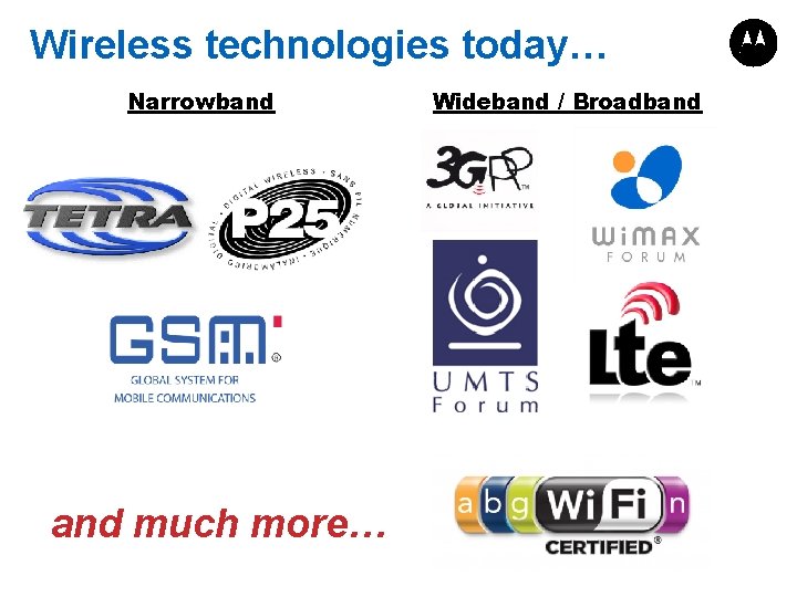 Wireless technologies today… Narrowband much more… Wideband / Broadband 