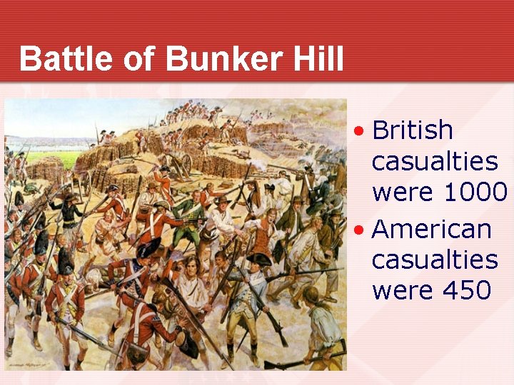 Battle of Bunker Hill • British casualties were 1000 • American casualties were 450
