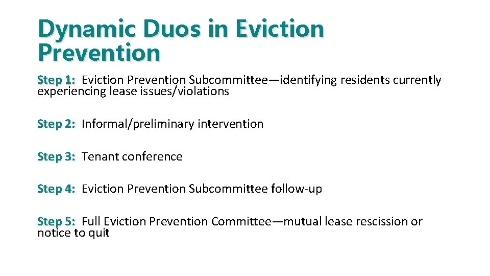 Dynamic Duos in Eviction Prevention Step 1: Eviction Prevention Subcommittee—identifying residents currently experiencing lease