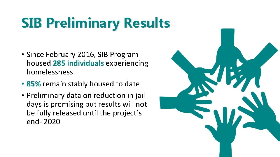 SIB Preliminary Results • Since February 2016, SIB Program housed 285 individuals experiencing homelessness
