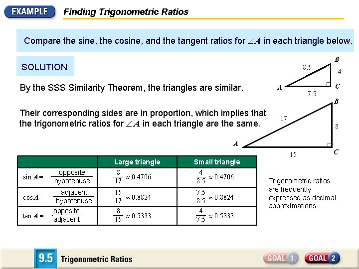 Finding Trigonometric Ratios Compare the sine, the cosine, and the tangent ratios for A