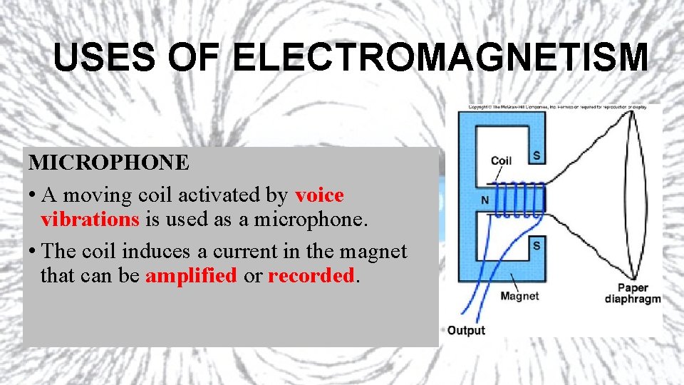 USES OF ELECTROMAGNETISM MICROPHONE • A moving coil activated by voice vibrations is used