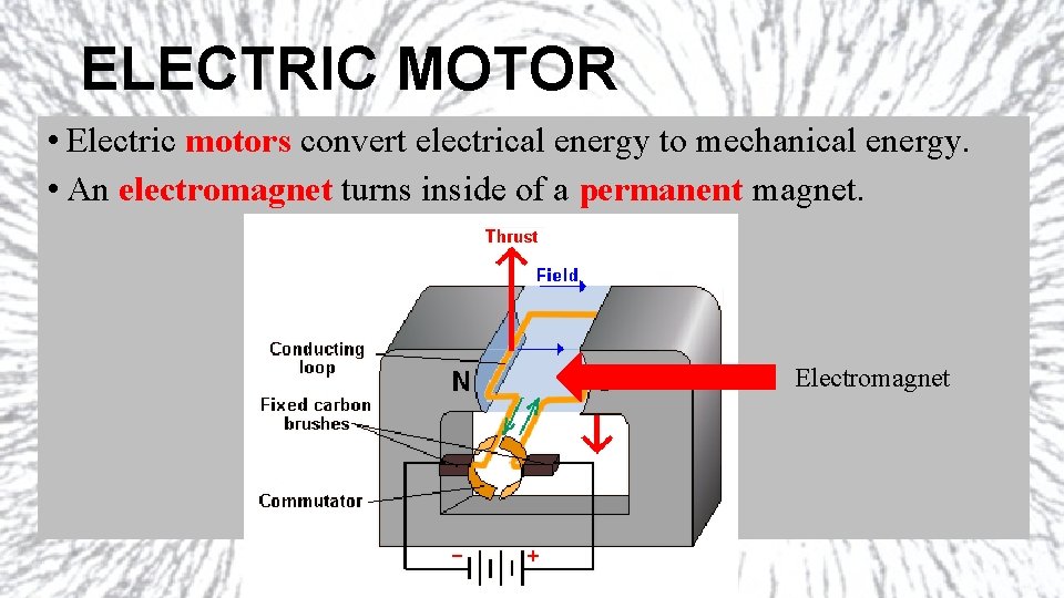 ELECTRIC MOTOR • Electric motors convert electrical energy to mechanical energy. • An electromagnet