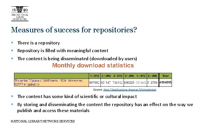 Measures of success for repositories? § There is a repository § Repository is filled