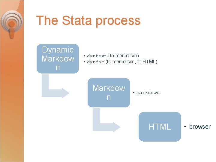 The Stata process Dynamic Markdow n • dyntext (to markdown) • dyndoc (to markdown,