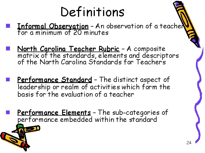 Definitions n Informal Observation – An observation of a teacher for a minimum of