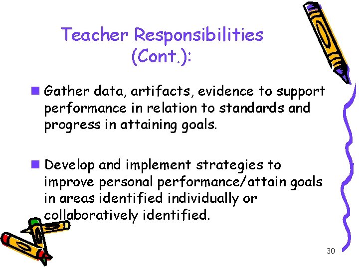 Teacher Responsibilities (Cont. ): n Gather data, artifacts, evidence to support performance in relation