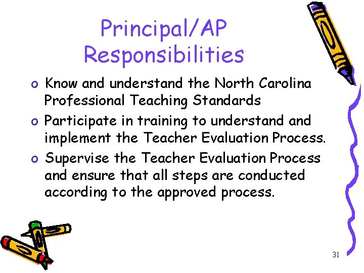 Principal/AP Responsibilities o Know and understand the North Carolina Professional Teaching Standards o Participate