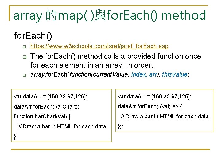 array 的map( )與for. Each() method for. Each() q q q https: //www. w 3