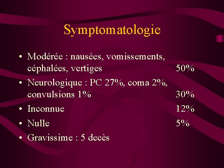 Symptomatologie • Modérée : nausées, vomissements, céphalées, vertiges • Neurologique : PC 27%, coma