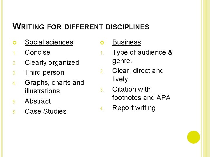 WRITING FOR DIFFERENT DISCIPLINES 1. 2. 3. 4. 5. 6. Social sciences Concise Clearly