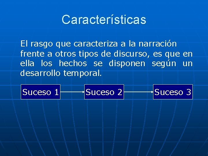 Características El rasgo que caracteriza a la narración frente a otros tipos de discurso,