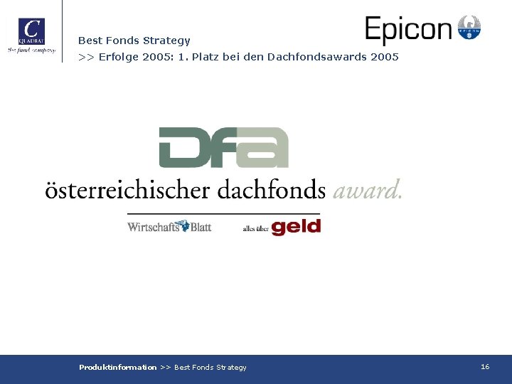 Best Fonds Strategy >> Erfolge 2005: 1. Platz bei den Dachfondsawards 2005 Produktinformation >>