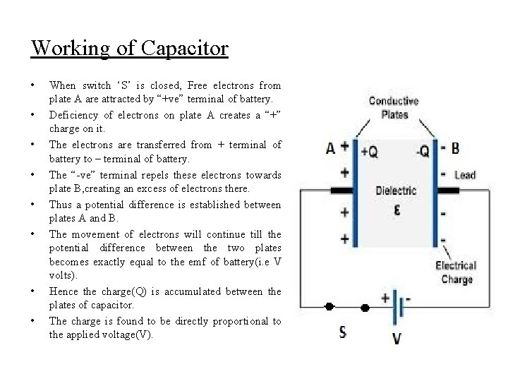 Working of Capacitor • • When switch ‘S’ is closed, Free electrons from plate