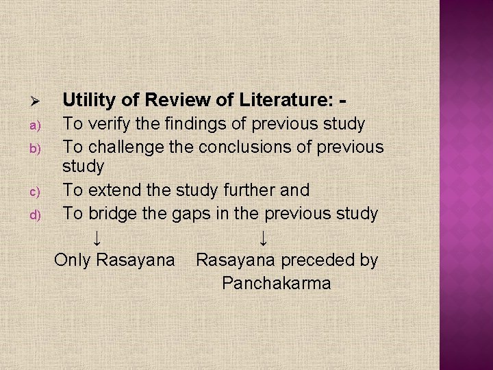 Ø a) b) c) d) Utility of Review of Literature: To verify the findings