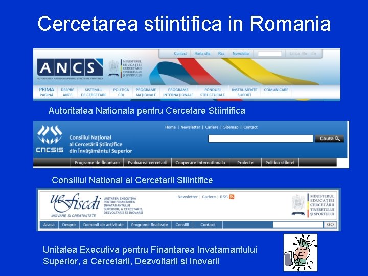 Cercetarea stiintifica in Romania Autoritatea Nationala pentru Cercetare Stiintifica Consiliul National al Cercetarii Stiintifice