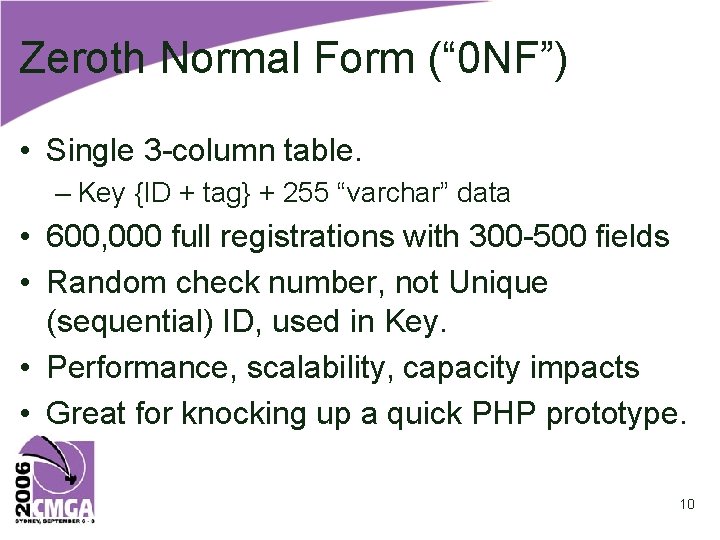 Zeroth Normal Form (“ 0 NF”) • Single 3 -column table. – Key {ID