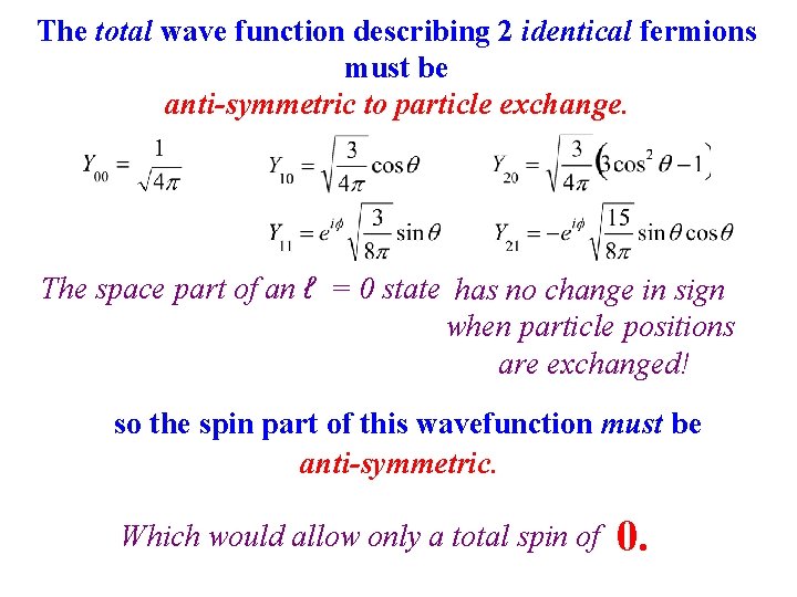 The total wave function describing 2 identical fermions must be anti-symmetric to particle exchange.