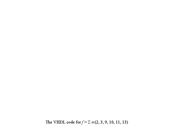 The VHDL code for f = m(2, 3, 9, 10, 11, 13) 