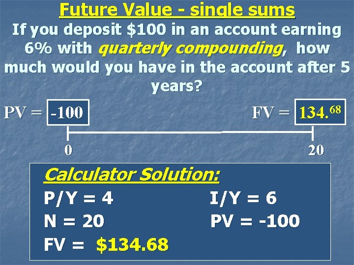 Future Value - single sums If you deposit $100 in an account earning 6%