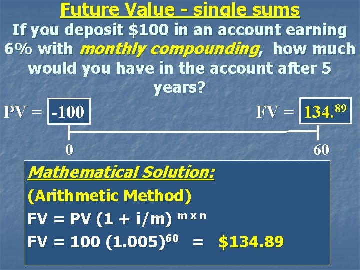 Future Value - single sums If you deposit $100 in an account earning 6%
